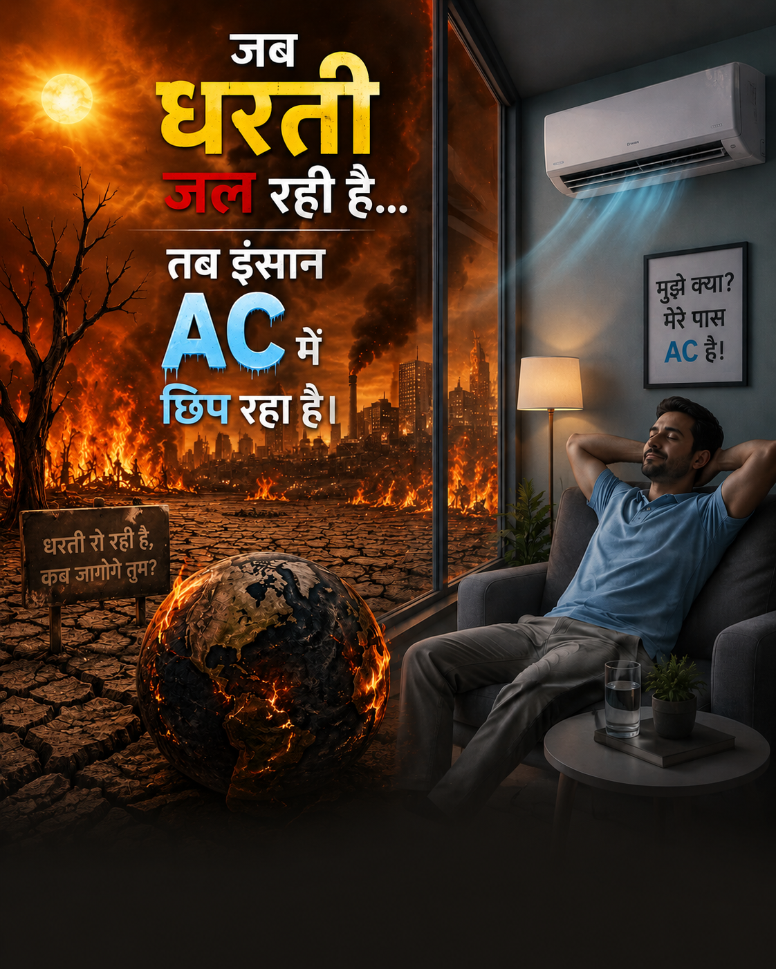 “जब धरती जल रही है… तब इंसान AC में छिप रहा है।”