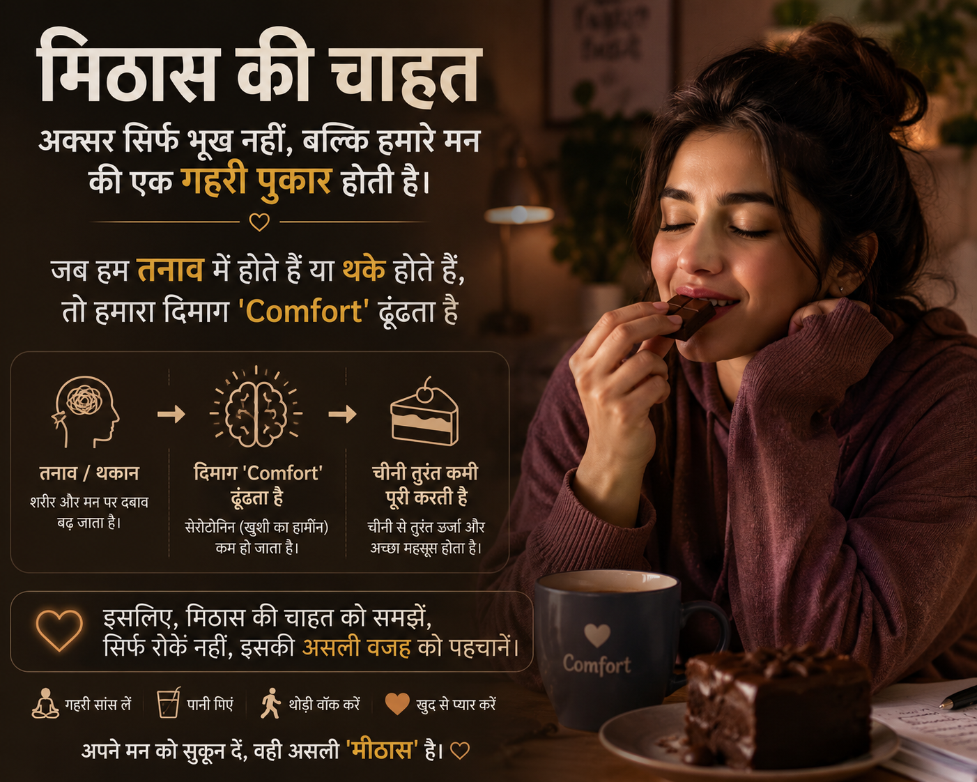 मिठास की चाहत अक्सर सिर्फ भूख नहीं, बल्कि हमारे मन की एक गहरी पुकार होती है। जब हम तनाव में होते हैं या थके होते हैं, तो हमारा दिमाग ‘Comfort’ ढूंढता है और चीनी उस कमी को तुरंत पूरा करने का सबसे आसान जरिया बन जाती है।